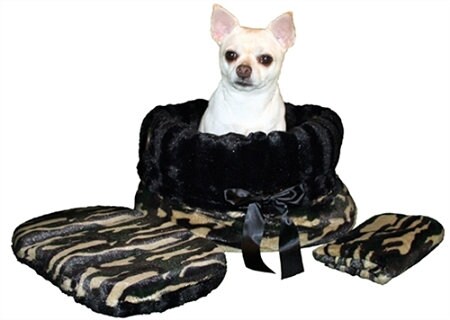 Reversible Snuggle Bugs Pet Bed in stylish camo design, featuring a cozy interior and matching blanket, perfect for small dogs and cats.