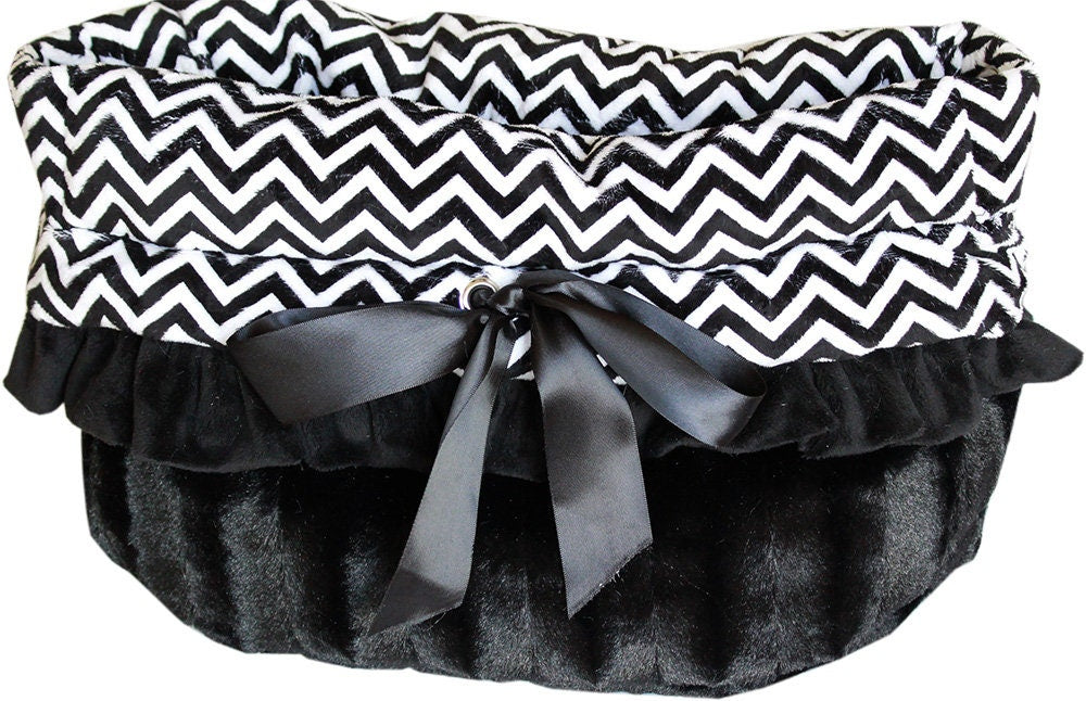 Reversible Snuggle Bugs Pet Bed in Black Chevron, featuring a cozy design for dogs and cats, with a matching blanket and cushion.