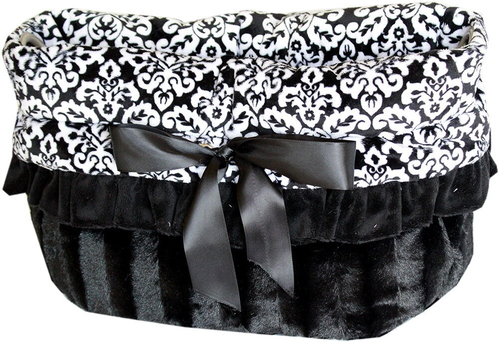 Reversible Snuggle Bugs Pet Bed in Fancy Black, featuring a cozy design for dogs and cats, includes a matching blanket and cushion.