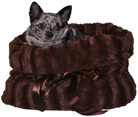 Reversible Snuggle Bugs Pet Bed in brown, designed for dogs and cats, featuring luxury fabric and a matching blanket.