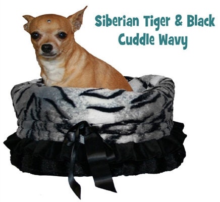 Reversible Snuggle Bugs Pet Bed in Siberian Tiger design, featuring a cozy interior and matching blanket, perfect for small dogs and cats.