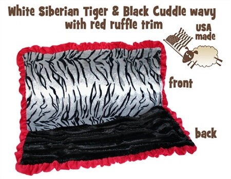 A luxurious White Siberian Tiger cuddle blanket made from soft minky faux fur, perfect for pets and their owners to snuggle in.