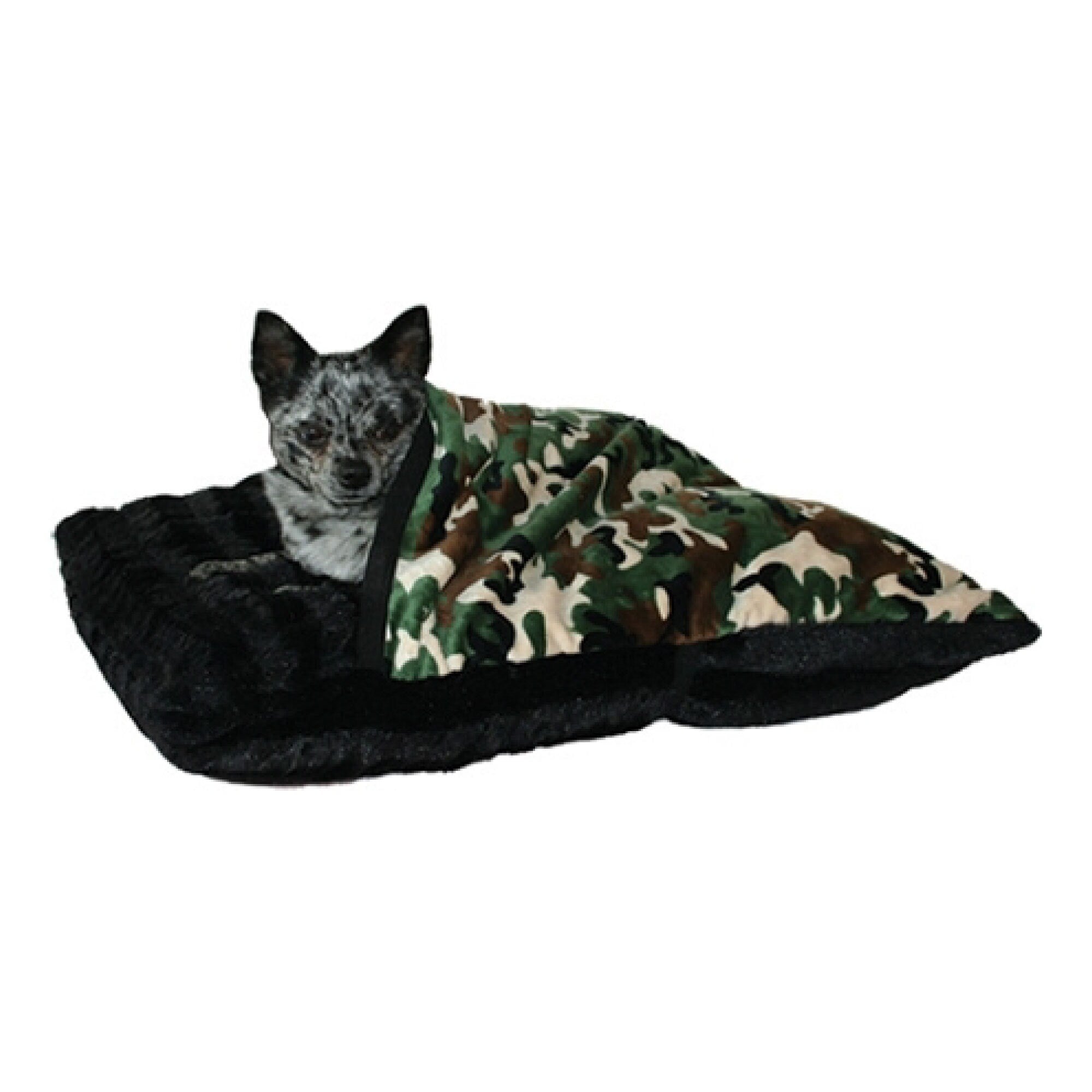 Dog, Puppy & Cat Sleepytime Pet Pocket in army camo, featuring soft faux fur and customizable filling options for burrowing pets.