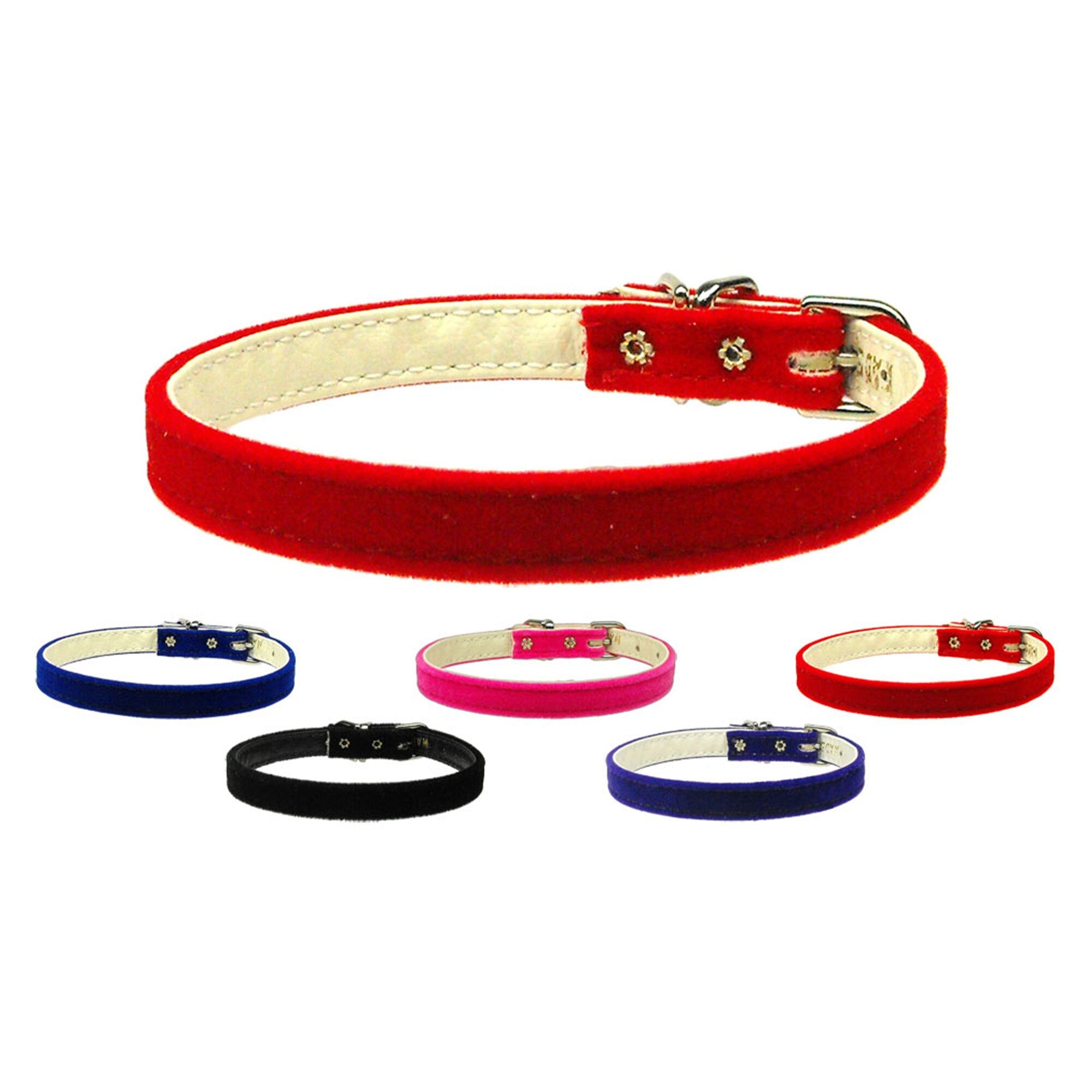 A stylish 3/8" velvet dog collar in various colors, showcasing its soft texture and elegant design.
