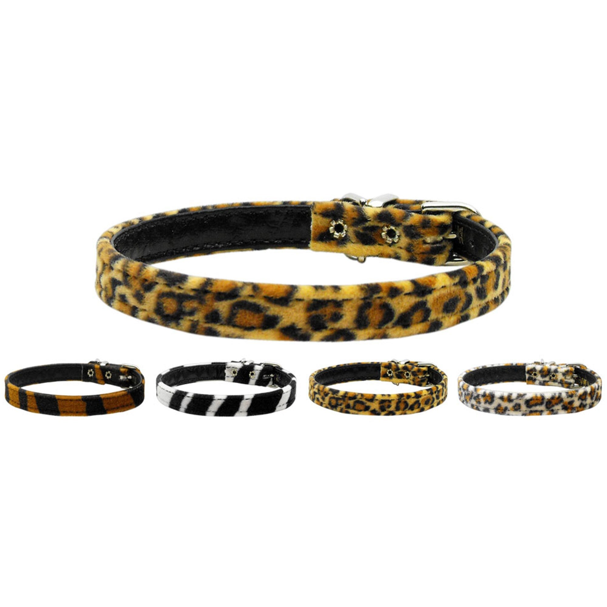 A stylish 3/8" wide animal print dog collar, perfect for pets, showcasing its vibrant design and comfortable fit.