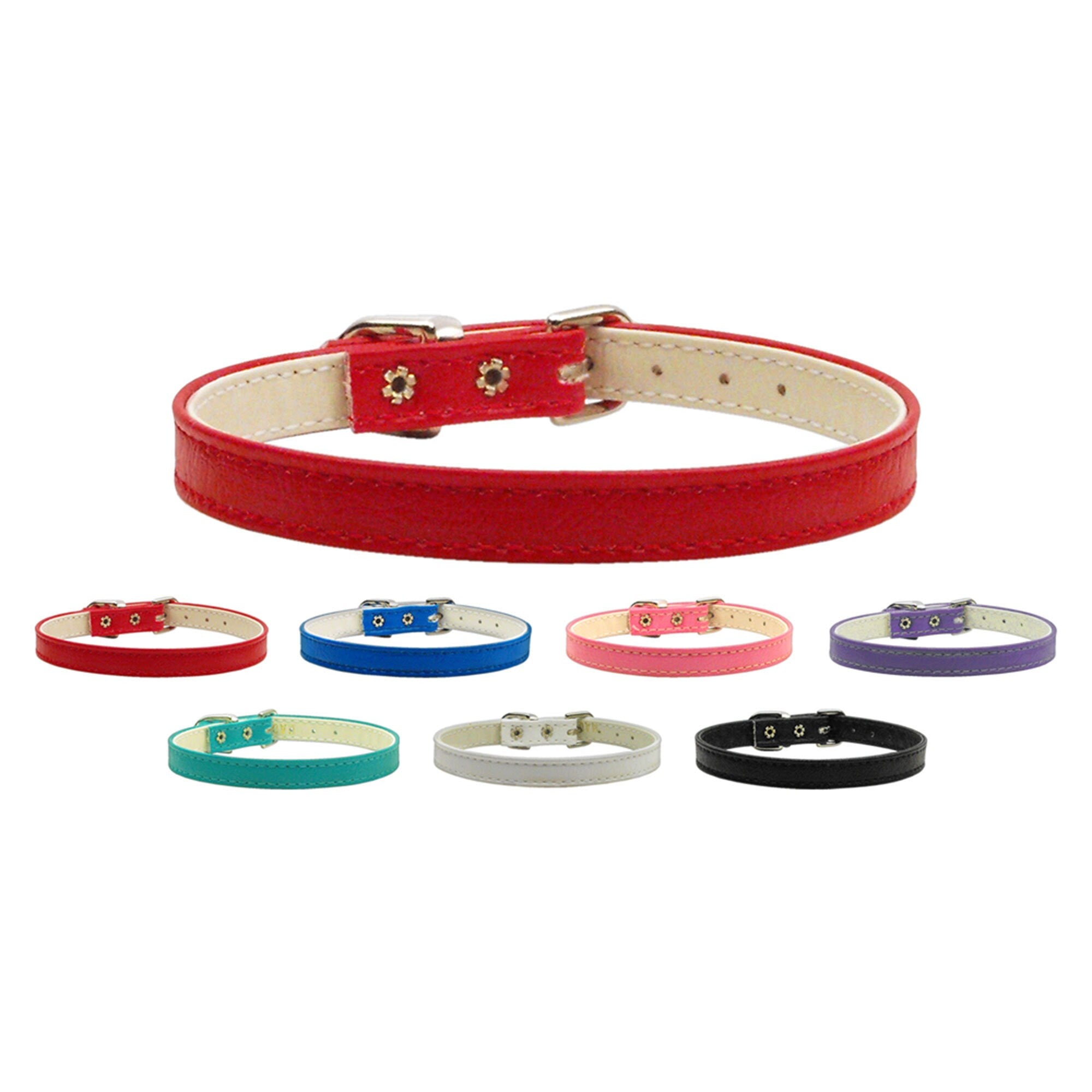 A variety of 3/8" wide plain collars for dogs and puppies in different colors and sizes, showcasing their handmade quality.