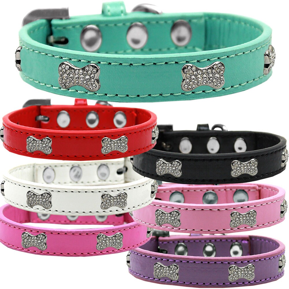 Premium dog collar featuring clear crystal bone accents, designed for style and durability.