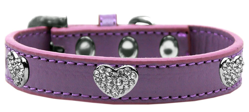Premium dog collar featuring clear crystal hearts, available in various sizes for stylish pets.