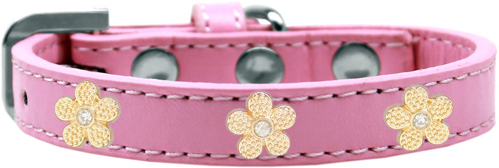 Gold Flower Widget Collar for dogs, featuring metal flower widgets on a durable collar.