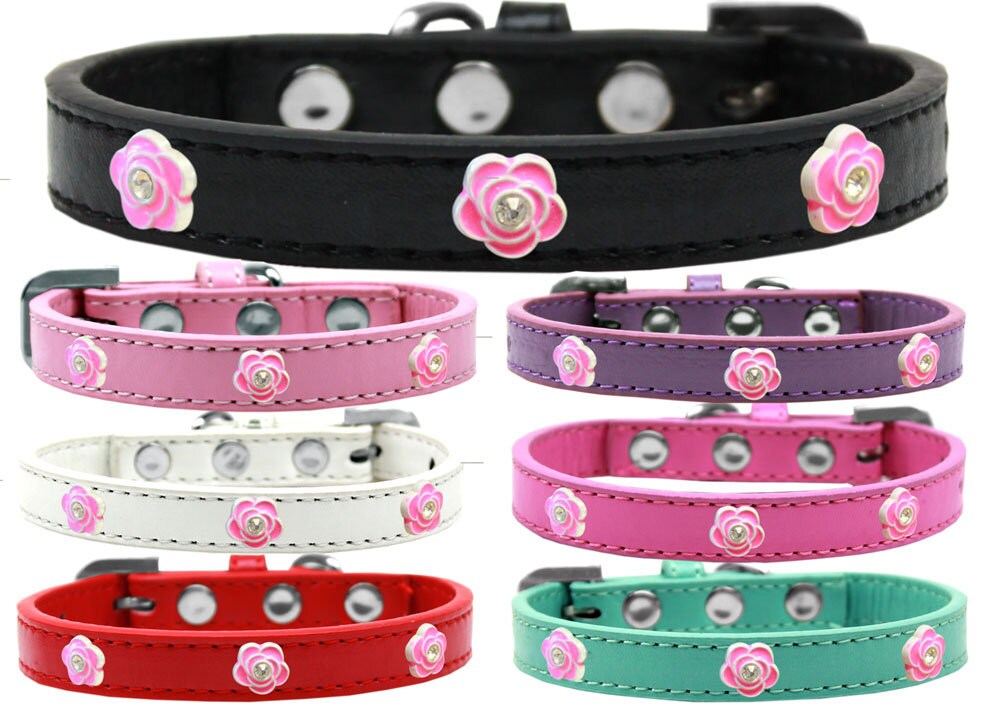 Bright Pink Roses fashion collar for dogs, featuring a floral design and secure metal widgets, made from durable leather.