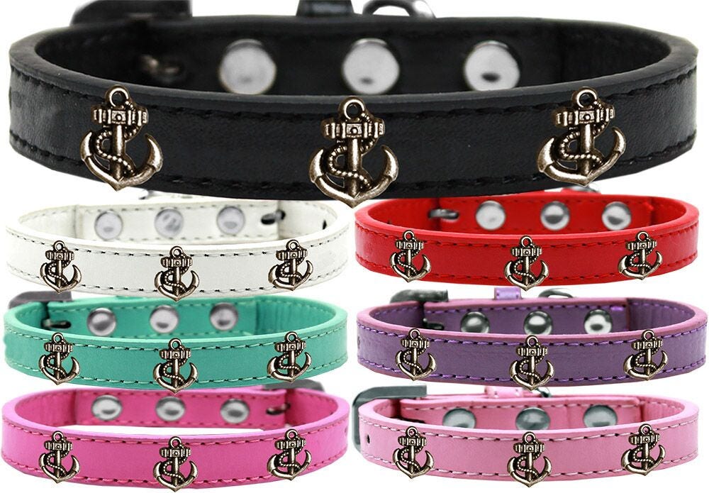 Stylish dog collar featuring a bronze anchor design with metal widgets, perfect for fashionable pets.