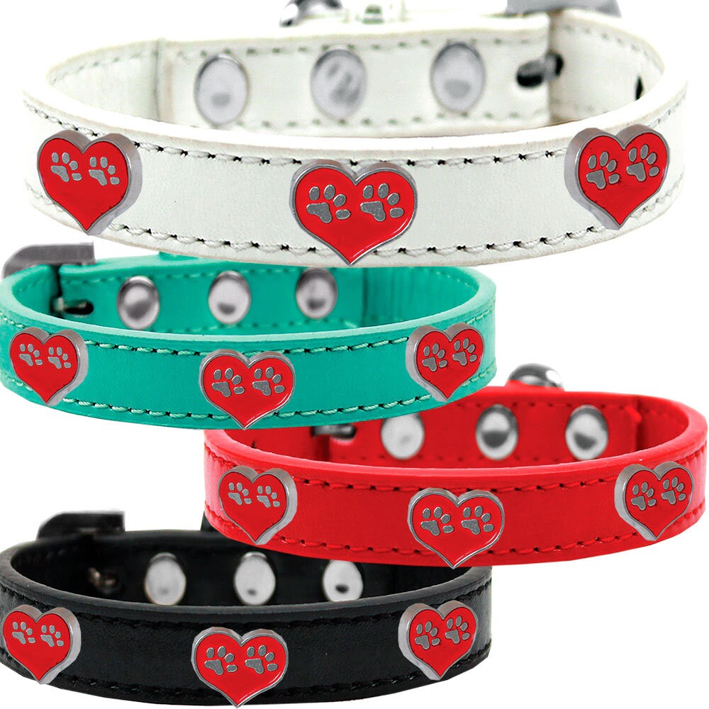 A stylish dog collar featuring colorful paw heart widgets, perfect for pets.