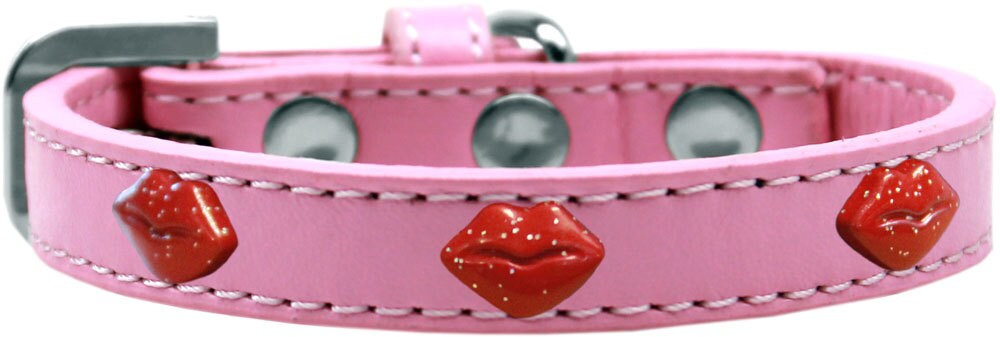 A stylish red leather dog collar featuring glitter lips design, adorned with metal widgets, perfect for fashionable pets.