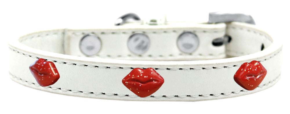 A stylish red leather dog collar featuring glitter lips design, adorned with metal widgets, perfect for fashionable pets.