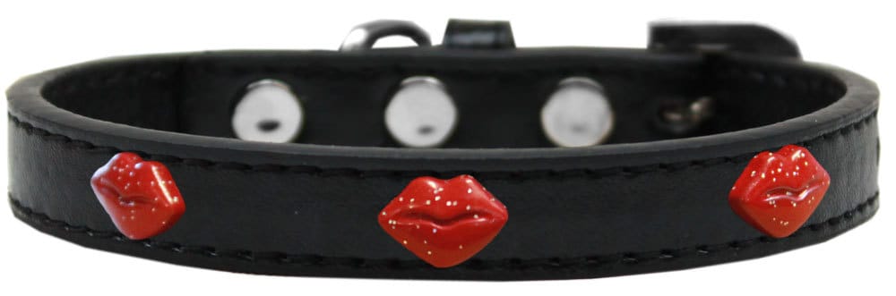 A stylish red leather dog collar featuring glitter lips design, adorned with metal widgets, perfect for fashionable pets.
