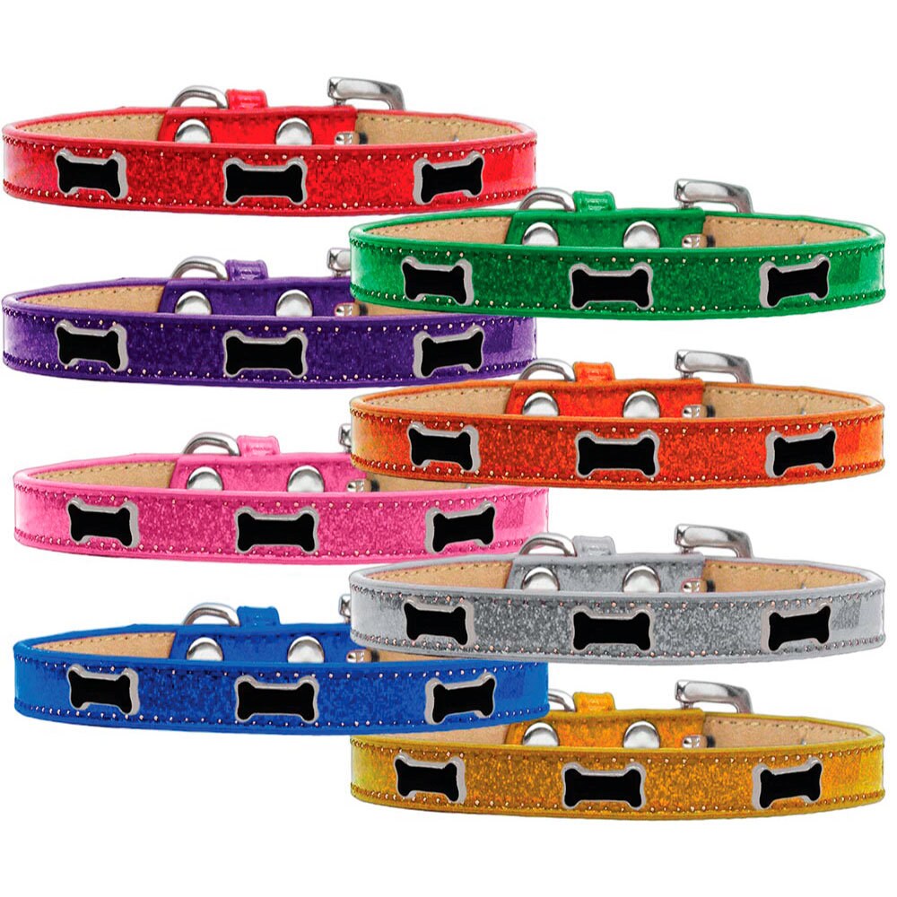 Stylish black bone themed ice cream collar for dogs, featuring colorful widgets and durable material.