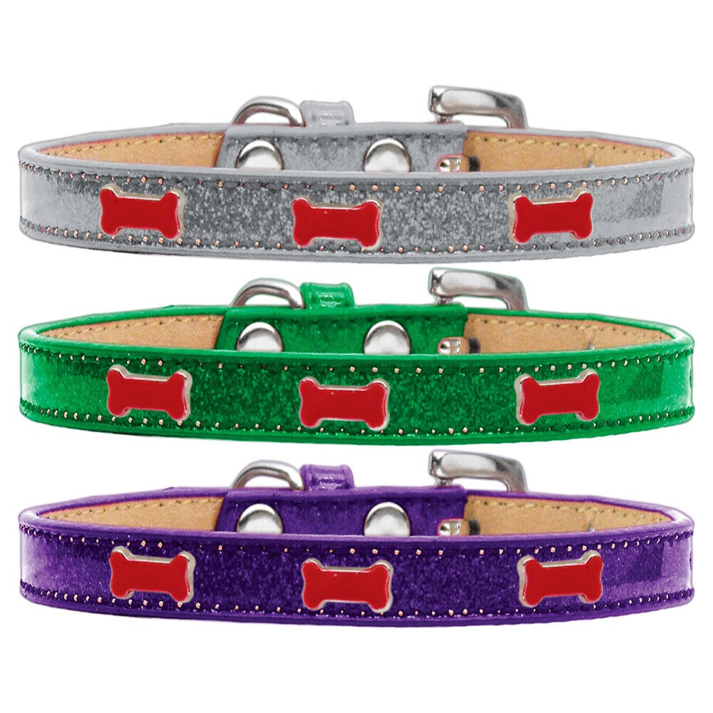 A vibrant red dog collar featuring a playful bone design, perfect for pets of all sizes.
