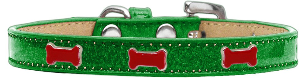 A vibrant red dog collar featuring a playful bone design, perfect for pets of all sizes.