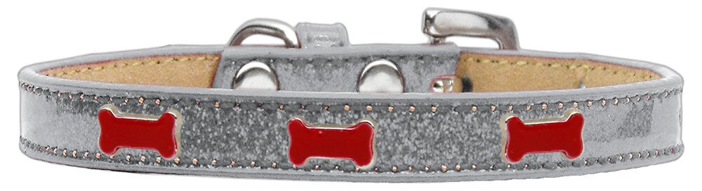 A vibrant red dog collar featuring a playful bone design, perfect for pets of all sizes.