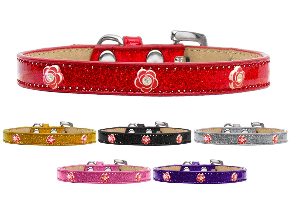 A stylish dog collar featuring a Red Roses design, perfect for pets of all sizes, showcasing vibrant colors and secure widgets.
