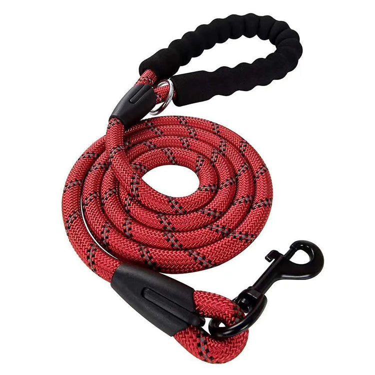 A durable dog rope lead featuring reflective stitching and a comfortable padded handle, ideal for safe nighttime walks.
