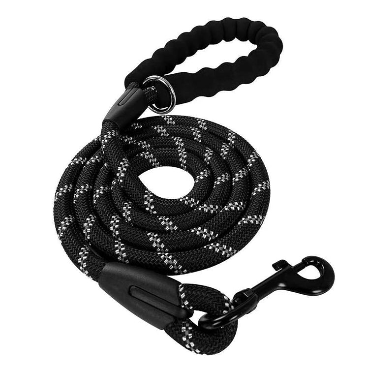 A durable dog rope lead featuring reflective stitching and a comfortable padded handle, ideal for safe nighttime walks.
