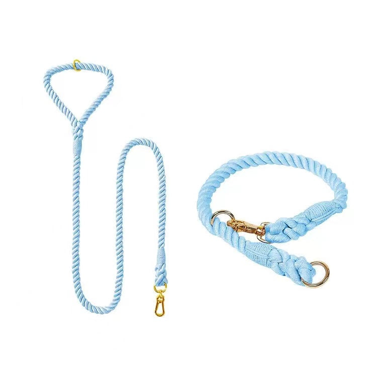 Blumond Dog Rope Leash and Collar Set featuring hand woven cotton rope and solid brass hardware, perfect for stylish and durable pet accessories.