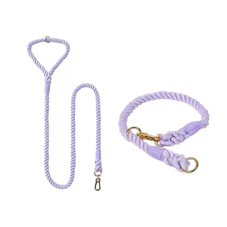 Violet Dog Rope Leash and Collar Set made from hand-woven cotton with brass hardware, showcasing its vibrant color and sturdy design.