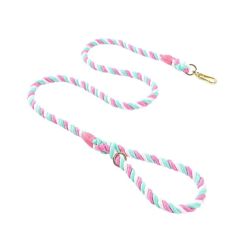A vibrant Cotton Candy Dog Rope Leash made from hand woven cotton, featuring solid brass hardware and a colorful design.