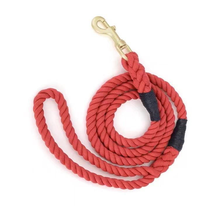 Cranberry colored hand woven cotton dog rope leash with brass hardware, showcasing its durability and style.