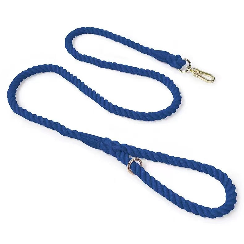 Denim Dark Blue Dog Rope Leash made from hand woven cotton with brass hardware.