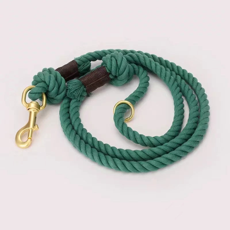 Emerald Dog Rope Leash made from hand woven cotton with brass hardware, showcasing its vibrant color and sturdy design.
