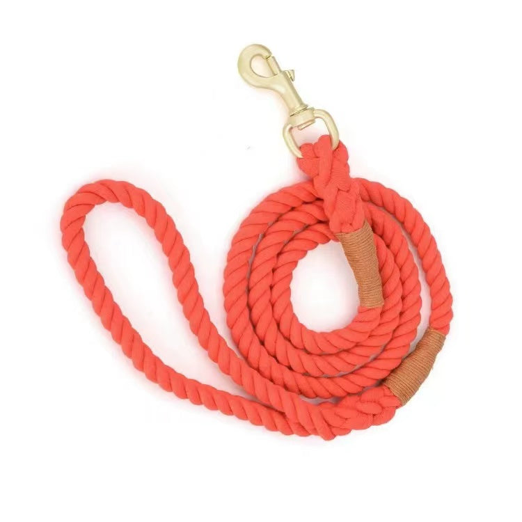 Pawsome Rainbow Dog Rope Leash in Grapefruit, featuring hand-woven cotton rope and solid brass hardware, perfect for stylish dog walks.