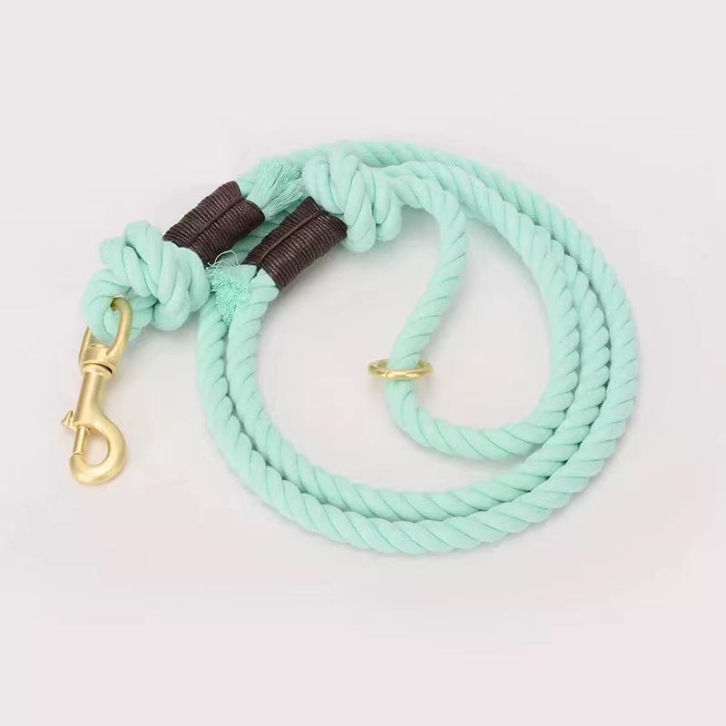 Mint colored dog rope leash made from hand-woven cotton with brass hardware, showcasing its durability and style.