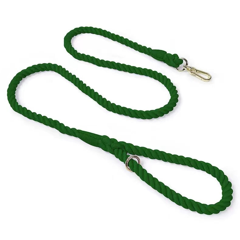 Natural Dog Rope Leash made from hand-woven cotton with solid brass hardware, showcasing its durability and eco-friendly design.