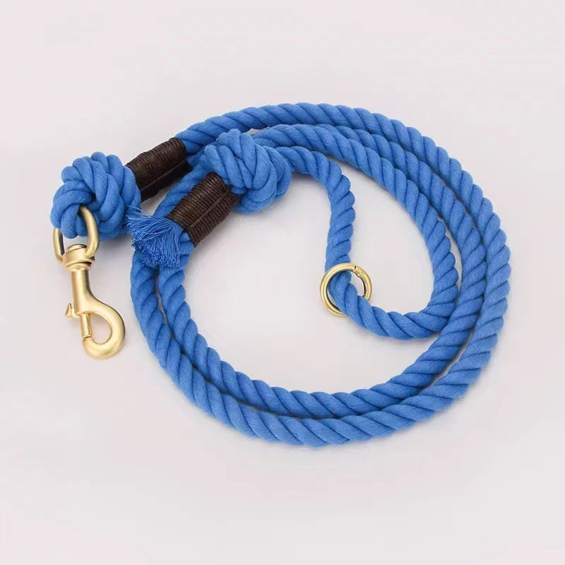 Sapphire Blue Dog Rope Leash made from hand woven cotton with solid brass hardware, showcasing its vibrant color and sturdy design.