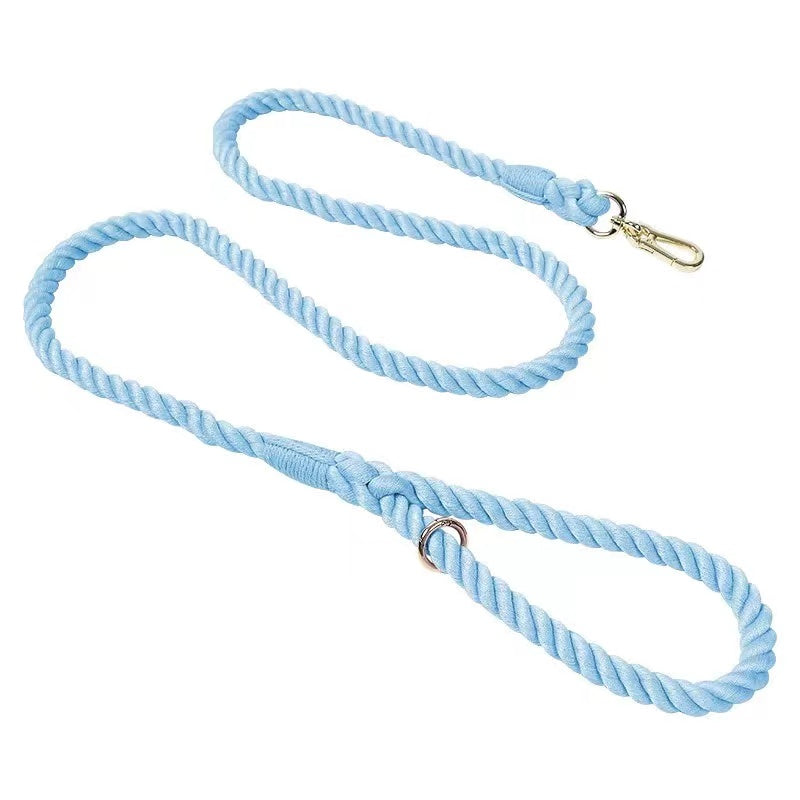 Seaside Dog Rope Leash made from hand woven cotton with brass hardware, showcasing vibrant colors and sturdy design.
