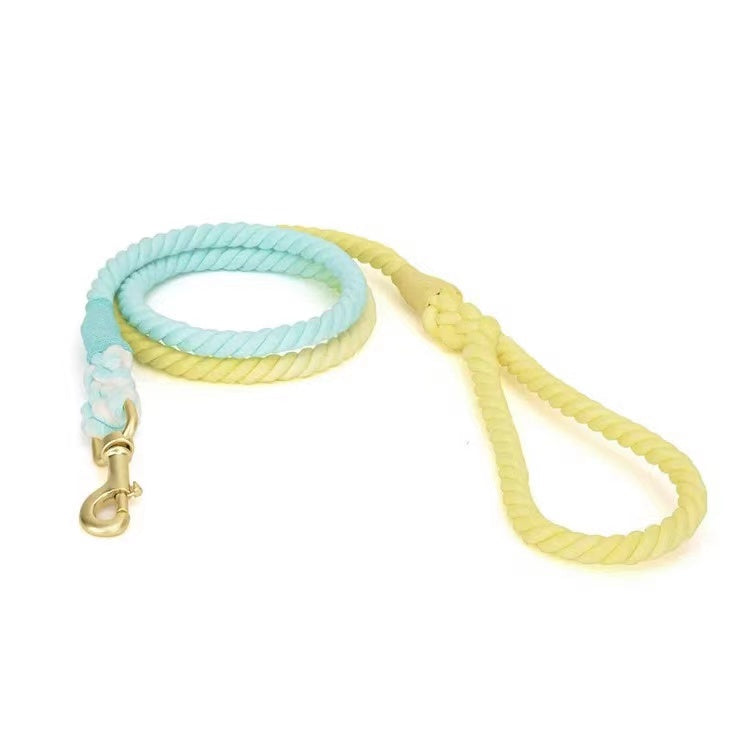 Vibrant Soda Bubbles Dog Rope Leash made from hand woven cotton with brass hardware, showcasing its colorful design and sturdy construction.