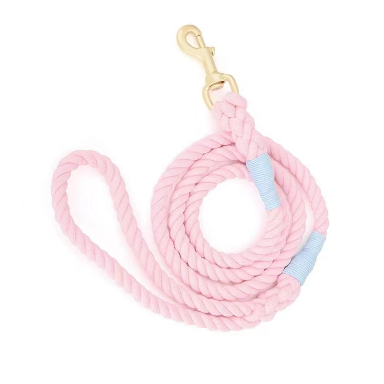 Sweet Dream Dog Rope Leash made from hand woven cotton with brass hardware, showcasing vibrant colors and sturdy design.