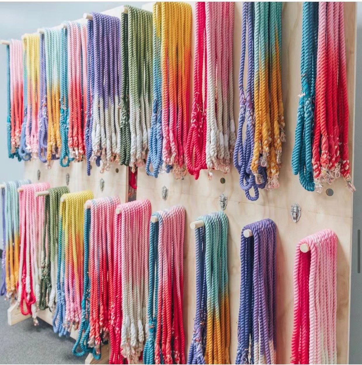 Sweet Dream Dog Rope Leash made from hand woven cotton with brass hardware, showcasing vibrant colors and sturdy design.