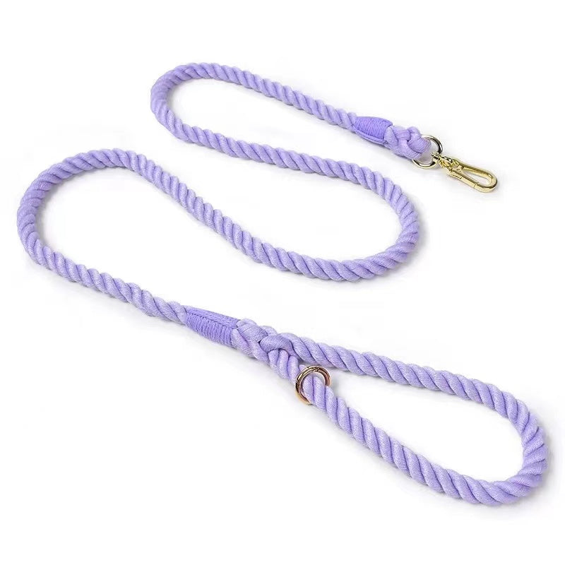 Verona Dog Rope Leash made of hand-woven cotton with solid brass hardware, showcasing vibrant colors and a sturdy design.