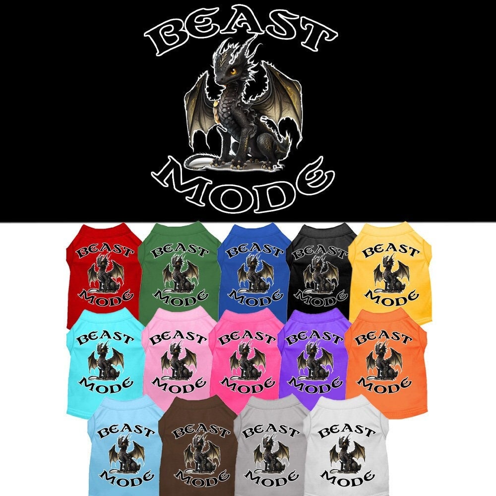 A soft and durable dog shirt featuring a vibrant 'Beast Mode Dragon' print, designed for pets weighing 20-115 pounds.