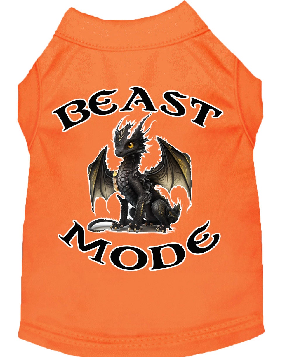 A soft and durable dog shirt featuring a vibrant 'Beast Mode Dragon' print, designed for pets weighing 20-115 pounds.