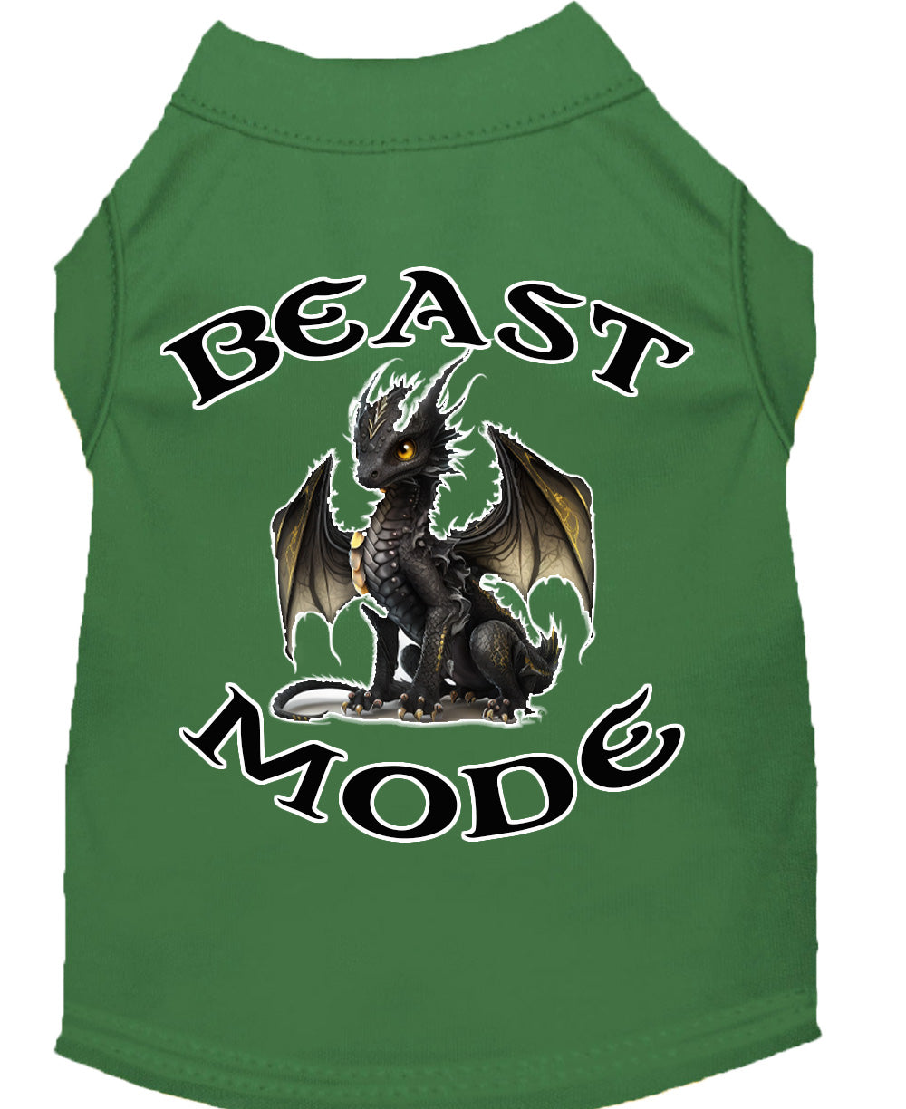 A soft and durable dog shirt featuring a vibrant 'Beast Mode Dragon' print, designed for pets weighing 20-115 pounds.