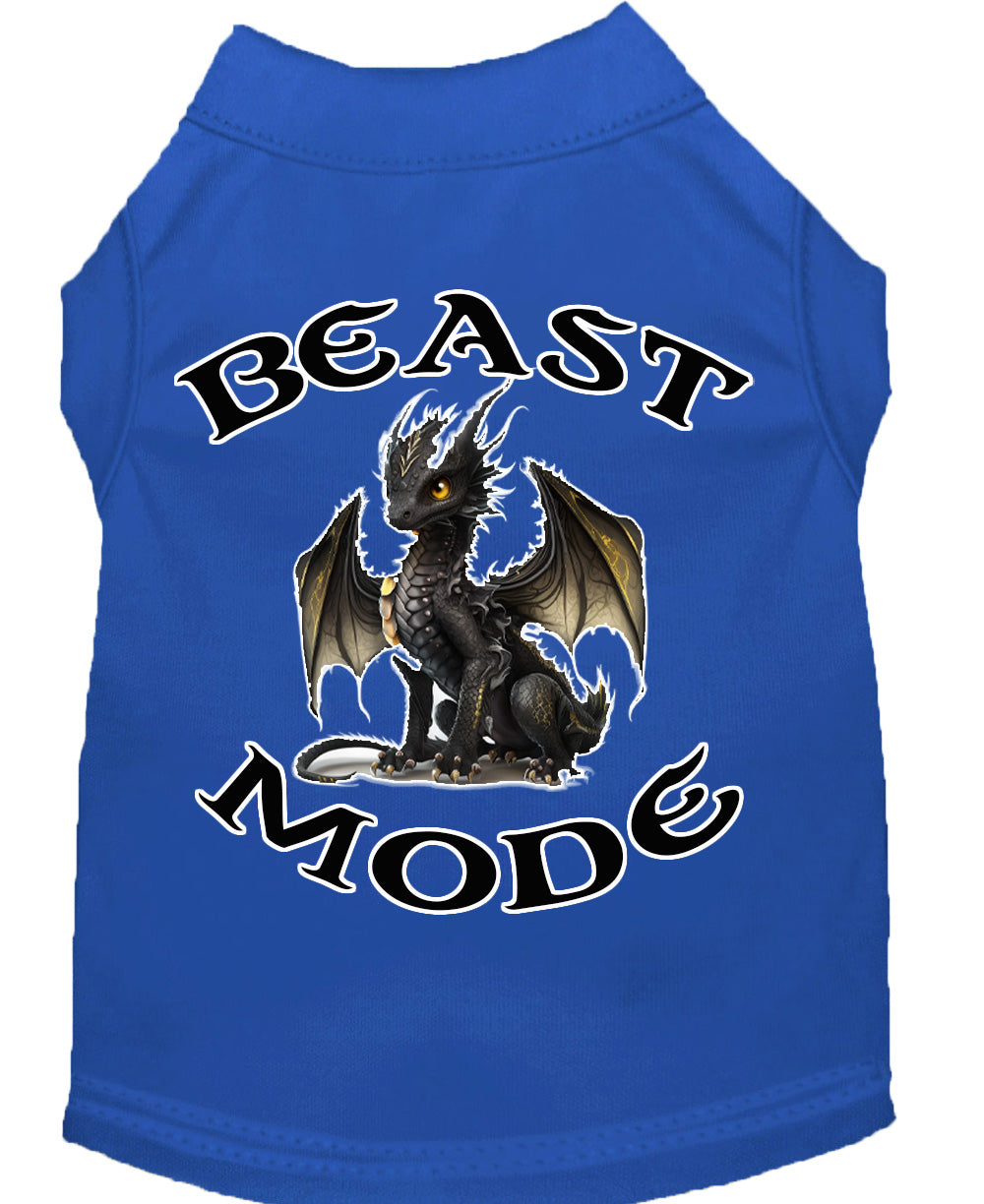 A soft and durable dog shirt featuring a vibrant 'Beast Mode Dragon' print, designed for pets weighing 20-115 pounds.