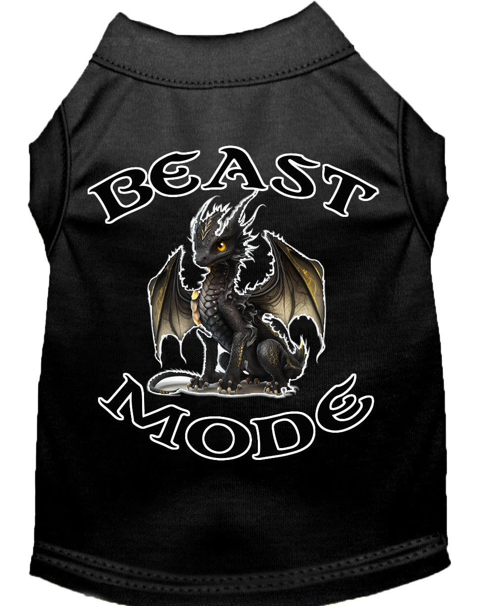 A soft and durable dog shirt featuring a vibrant 'Beast Mode Dragon' print, designed for pets weighing 20-115 pounds.