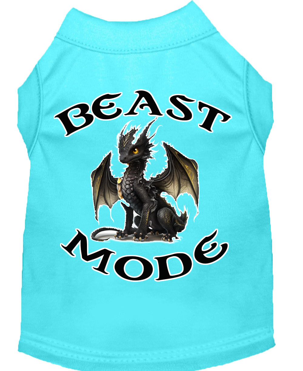 A soft and durable dog shirt featuring a vibrant 'Beast Mode Dragon' print, designed for pets weighing 20-115 pounds.