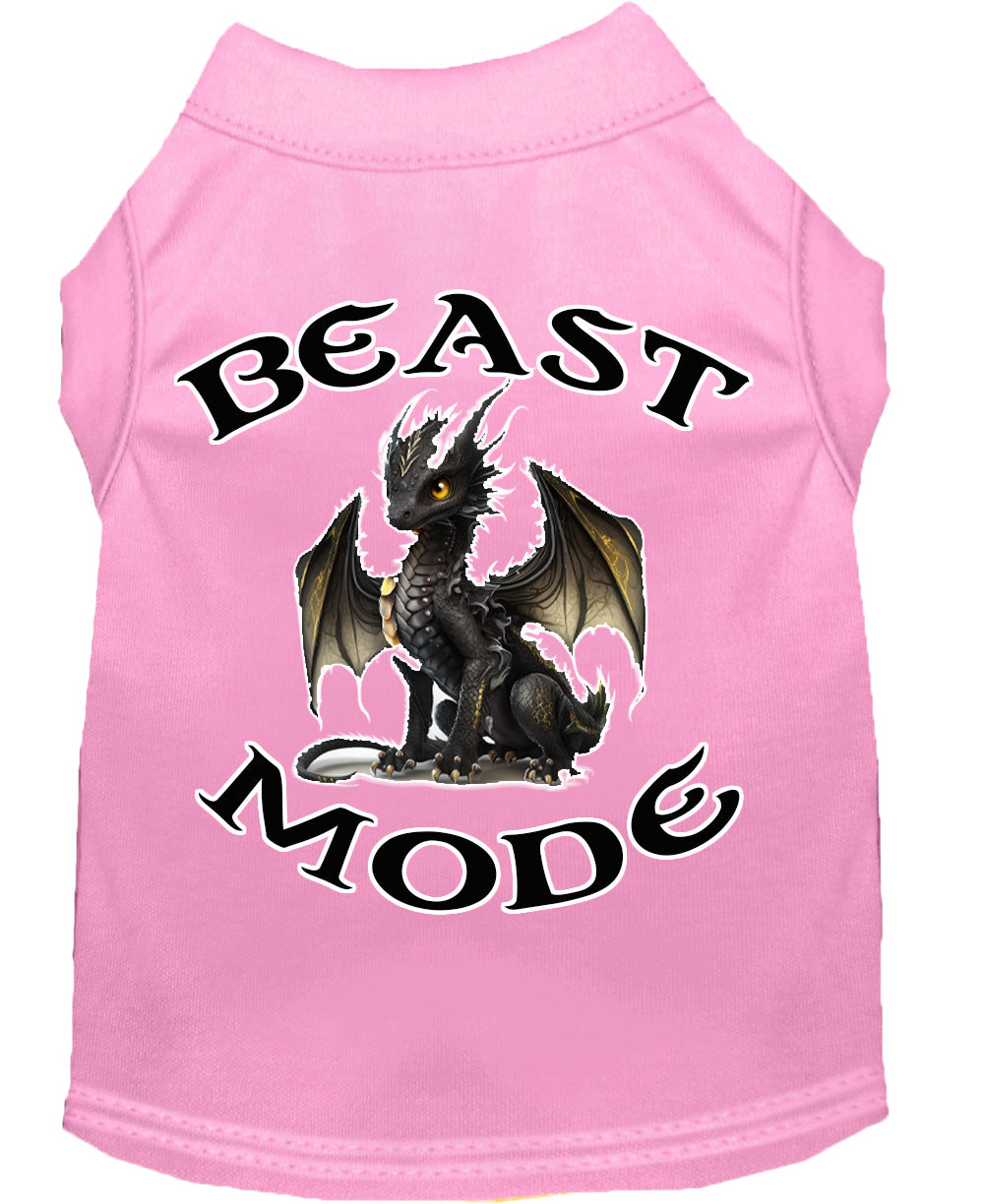 A soft and durable dog shirt featuring a vibrant 'Beast Mode Dragon' print, designed for pets weighing 20-115 pounds.