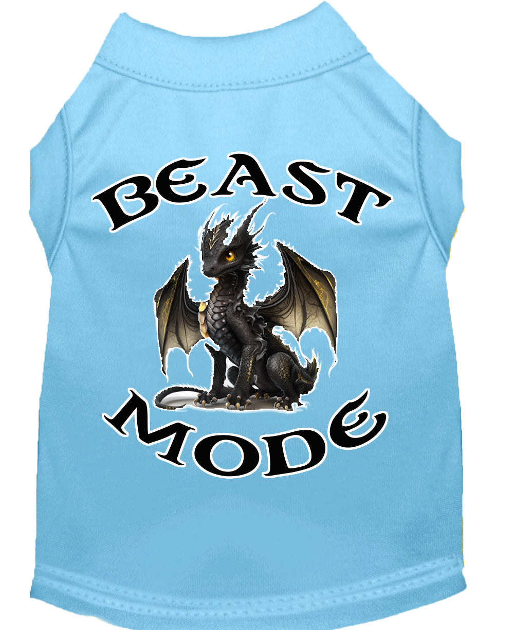 A soft and durable dog shirt featuring a vibrant 'Beast Mode Dragon' print, designed for pets weighing 20-115 pounds.