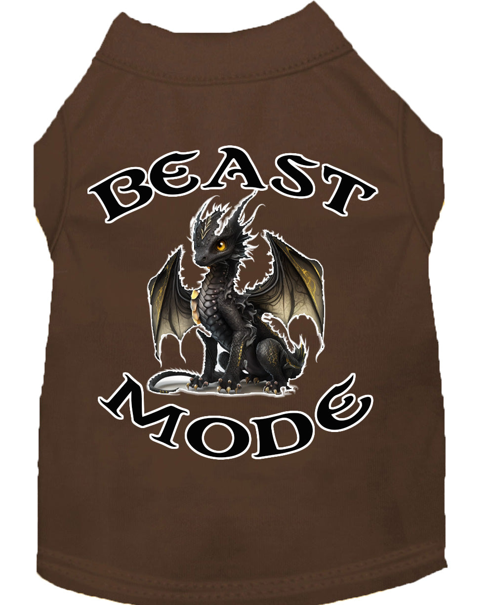 A soft and durable dog shirt featuring a vibrant 'Beast Mode Dragon' print, designed for pets weighing 20-115 pounds.